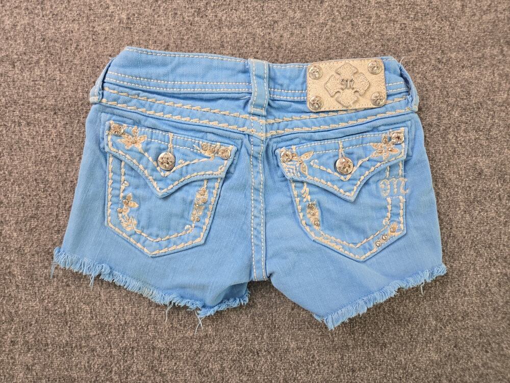 Miss Me Sky Blue Frayed Denim Shorts Youth Girls Sz 10 Mcbling Y2K Rhinestone